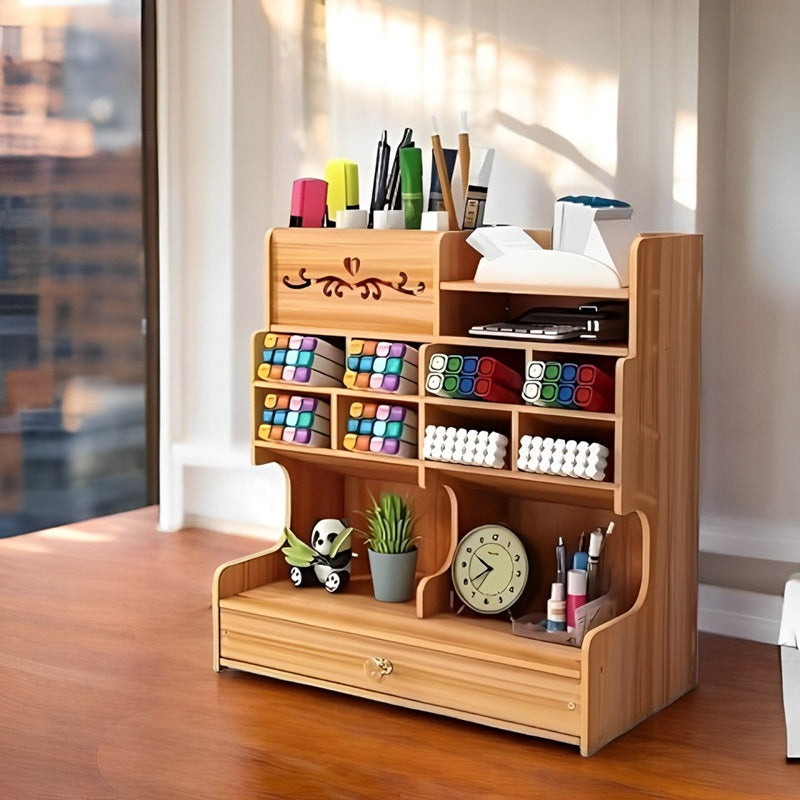 Wooden Desk Organizer with Drawer and Multiple Grids