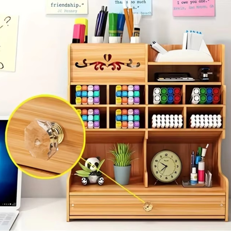 Wooden Desk Organizer with Drawer and Multiple Grids