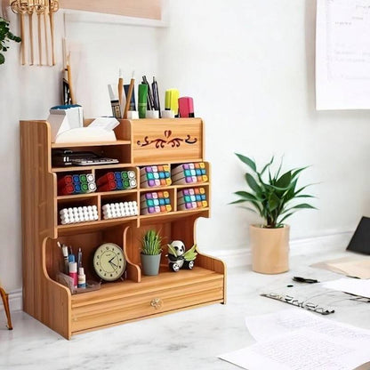 Wooden Desk Organizer with Drawer and Multiple Grids