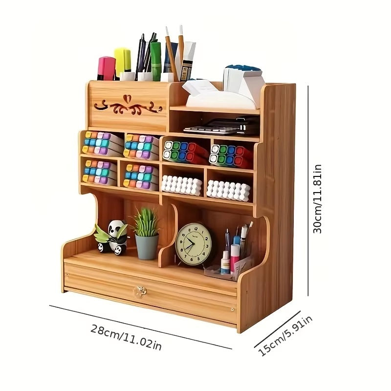 Wooden Desk Organizer with Drawer and Multiple Grids