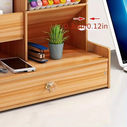 Wooden Desk Organizer with Drawer and Multiple Grids