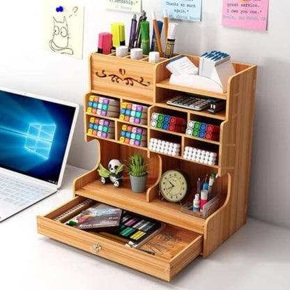 Wooden Desk Organizer with Drawer and Multiple Grids