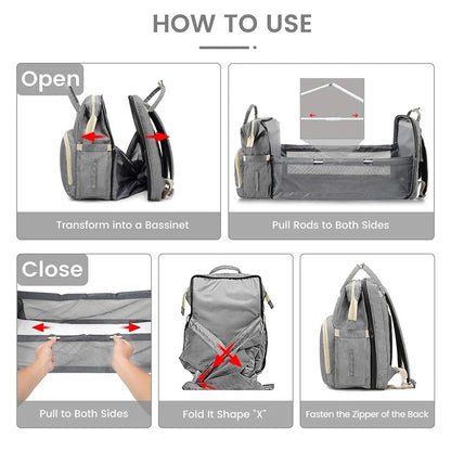 Multifunctional Diaper Bag with Foldable Crib and Changing Pad