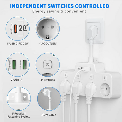 Wall Mounted Power Strip with Independent Switch 2 USB A and 1 USB C