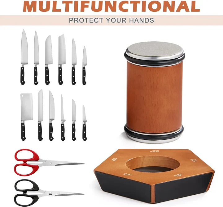 Manual Rolling Knife Sharpener with Diamond Coated Wheel, Angle Guide, and Steady Base