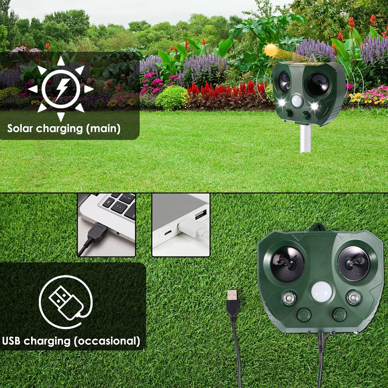 Solar Ultrasonic Bird Repeller with LED Lights and Adjustable Modes