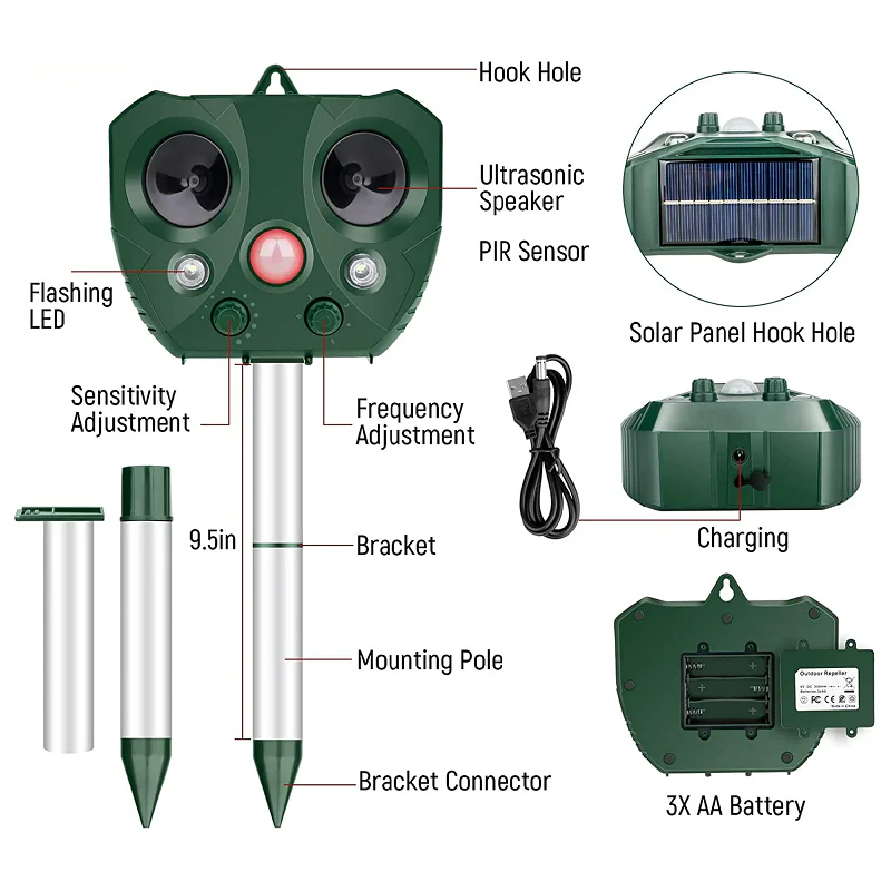 Solar Ultrasonic Bird Repeller with LED Lights and Adjustable Modes