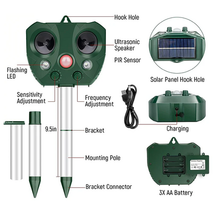 Solar Ultrasonic Bird Repeller with LED Lights and Adjustable Modes