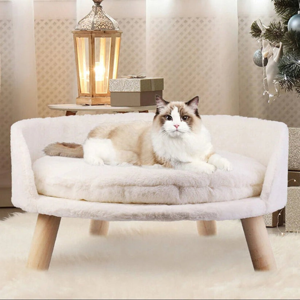 Round Elevated Pet Bed with Wooden Legs and Removable Plush Cover