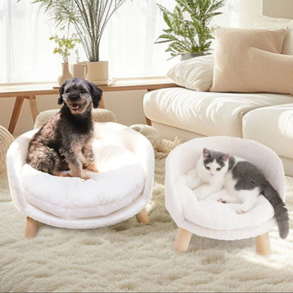 Round Elevated Pet Bed with Wooden Legs and Removable Plush Cover