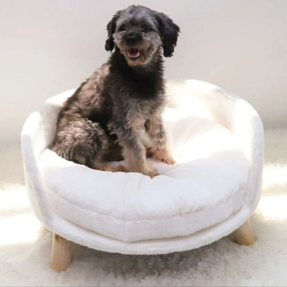 Round Elevated Pet Bed with Wooden Legs and Removable Plush Cover