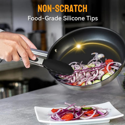 Stainless Steel Kitchen Tongs with Silicone Heads and Locking Mechanism, 3 Piece Set