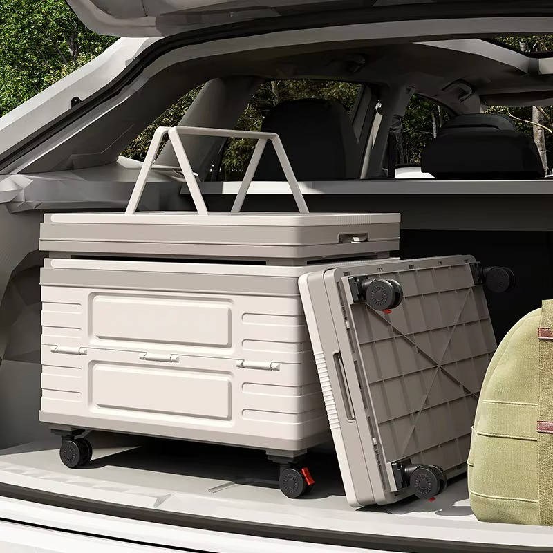 Portable Collapsible Outdoor Storage Box for Camping, Picnic & Garden, Foldable Rolling Cart with 360° Wheels & Wood Lid