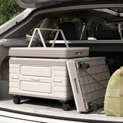 Portable Collapsible Outdoor Storage Box for Camping, Picnic & Garden, Foldable Rolling Cart with 360° Wheels & Wood Lid