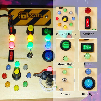 Busy Board Toy with LED Lights Wooden Activity Board for Toddlers Ages 3 and up