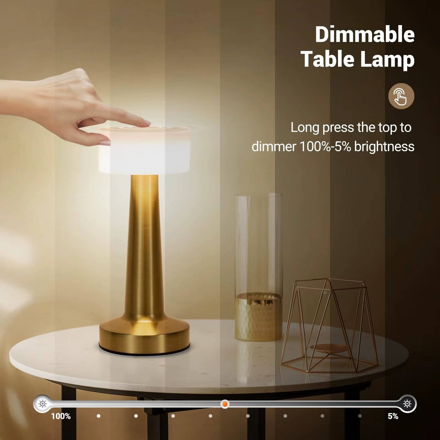 Cordless Table Lamp Rechargeable LED, Metal Accent Lamp for Dining Table Living Room Ambient Lighting
