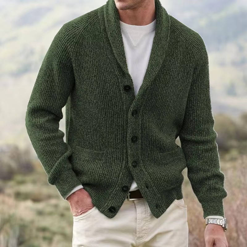 Mens Cashmere Blend Cardigan with Shawl Collar and Front Pockets