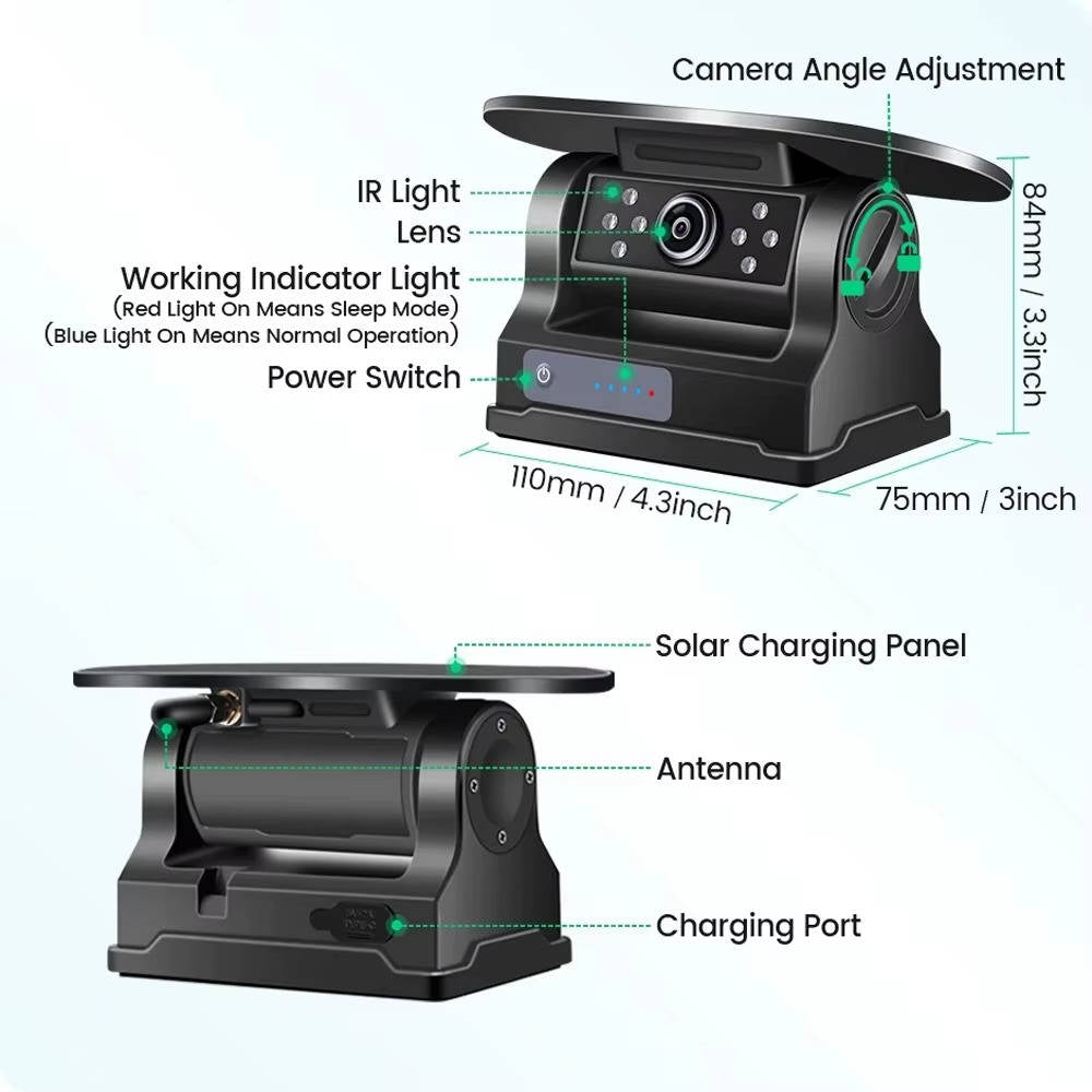 Wireless Solar Backup Camera Kit, HD 1080P 7'' Monitor for RV Truck Trailer Camper