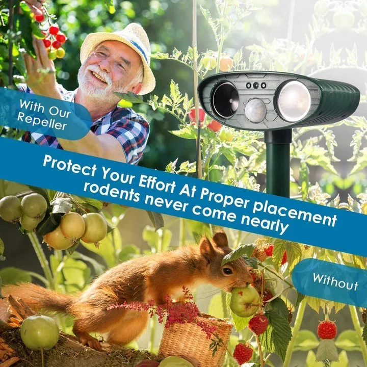 Solar Ultrasonic Repeller with a Motion Sensor, Flashing LED and a Ground Stake for Yards and Gardens