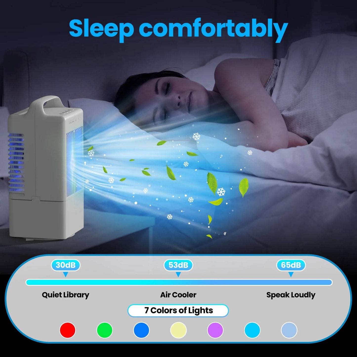 Personal USB Air Cooling Fan, Mini Desktop AC Unit with Colorful Ambient Light, 4 Wind Speeds & Intelligent Timer