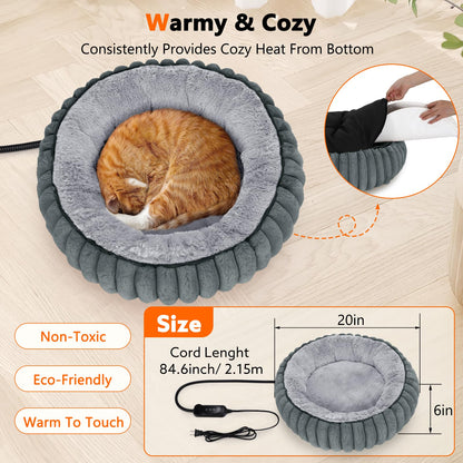 Heated Cat Bed for Indoor Cats & Small Dogs, 20 Inch Cozy Donut Pet Bed with Timer, Adjustable Temperature & Waterproof Cover