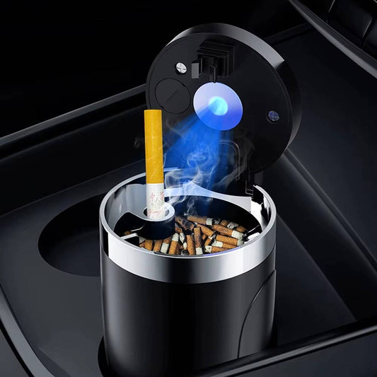 Smokeless Car Ashtray with Lid Led Light, Cup Holder Size, Portable, Auto Open, Odor Free