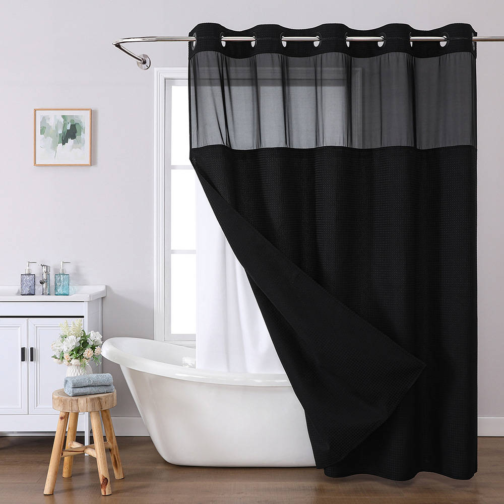 No Hooks Polyester Shower Curtain, Textured Shower Curtain with Snap In Fabric Liner, Waterproof Hotel Luxury Bathroom Curtain