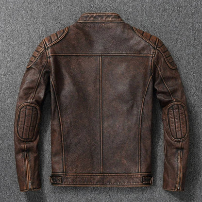Quilted Leather Motorcycle Jacket with Snap Collar and Zip Pockets for Men