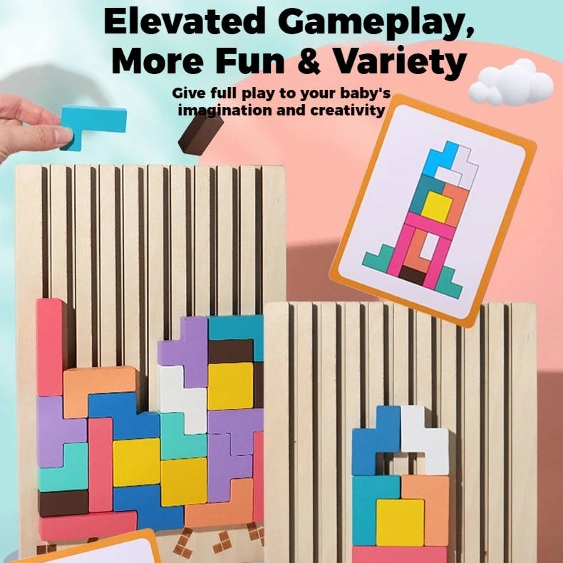 Wooden Block Puzzle Set with 42 Pieces and 10 Template Cards, Foldout Stand
