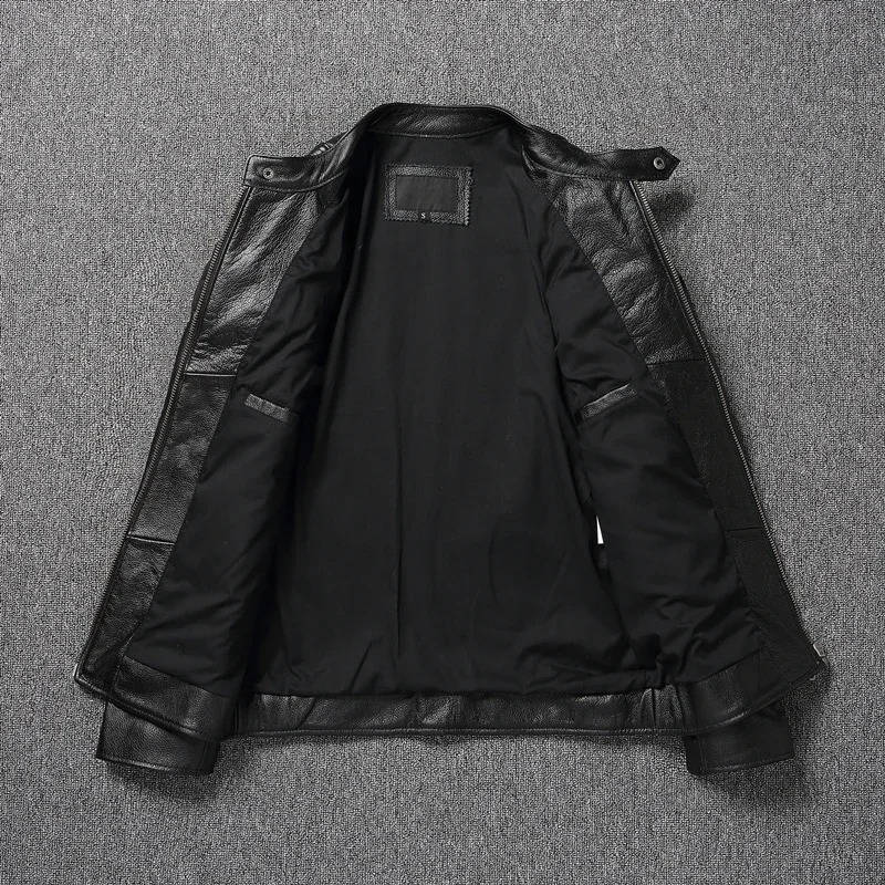 Quilted Leather Motorcycle Jacket with Snap Collar and Zip Pockets for Men