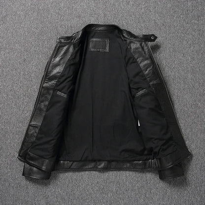 Quilted Leather Motorcycle Jacket with Snap Collar and Zip Pockets for Men