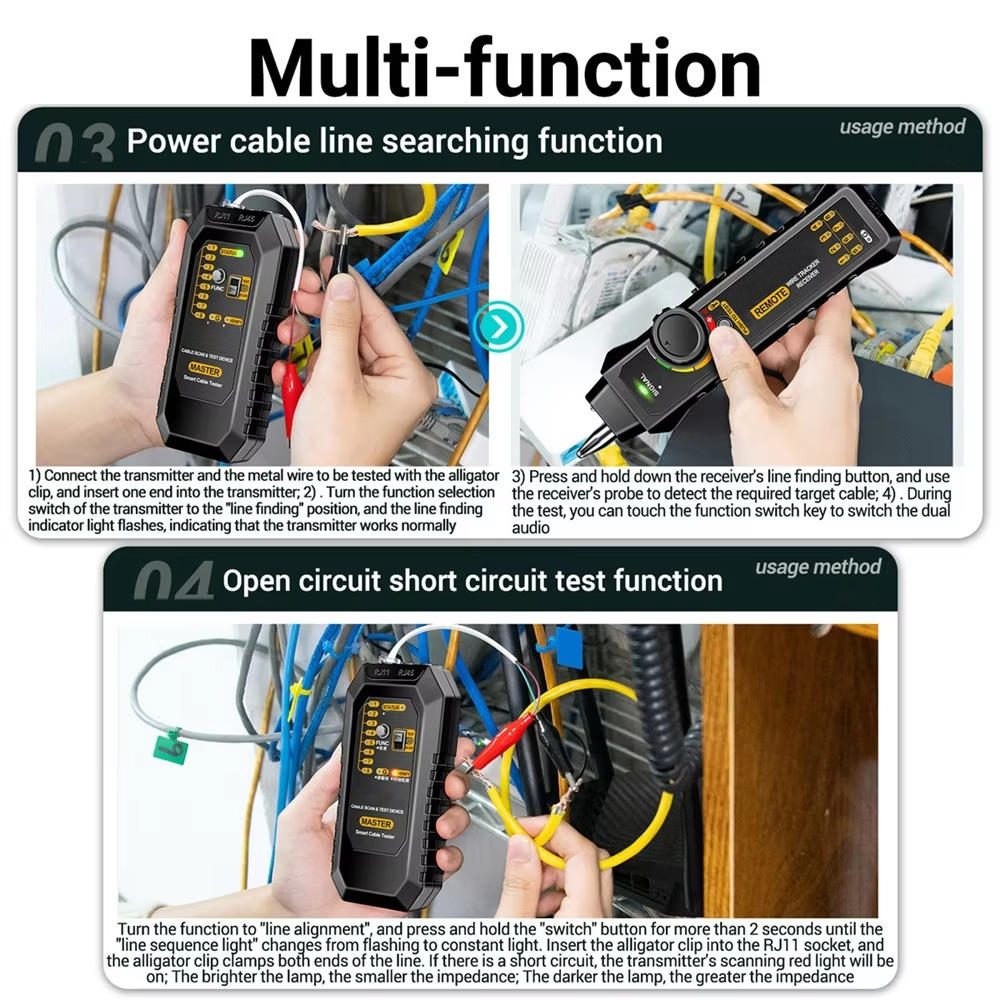 Network Cable Tester with Transmitter Receiver and LED Flashlight