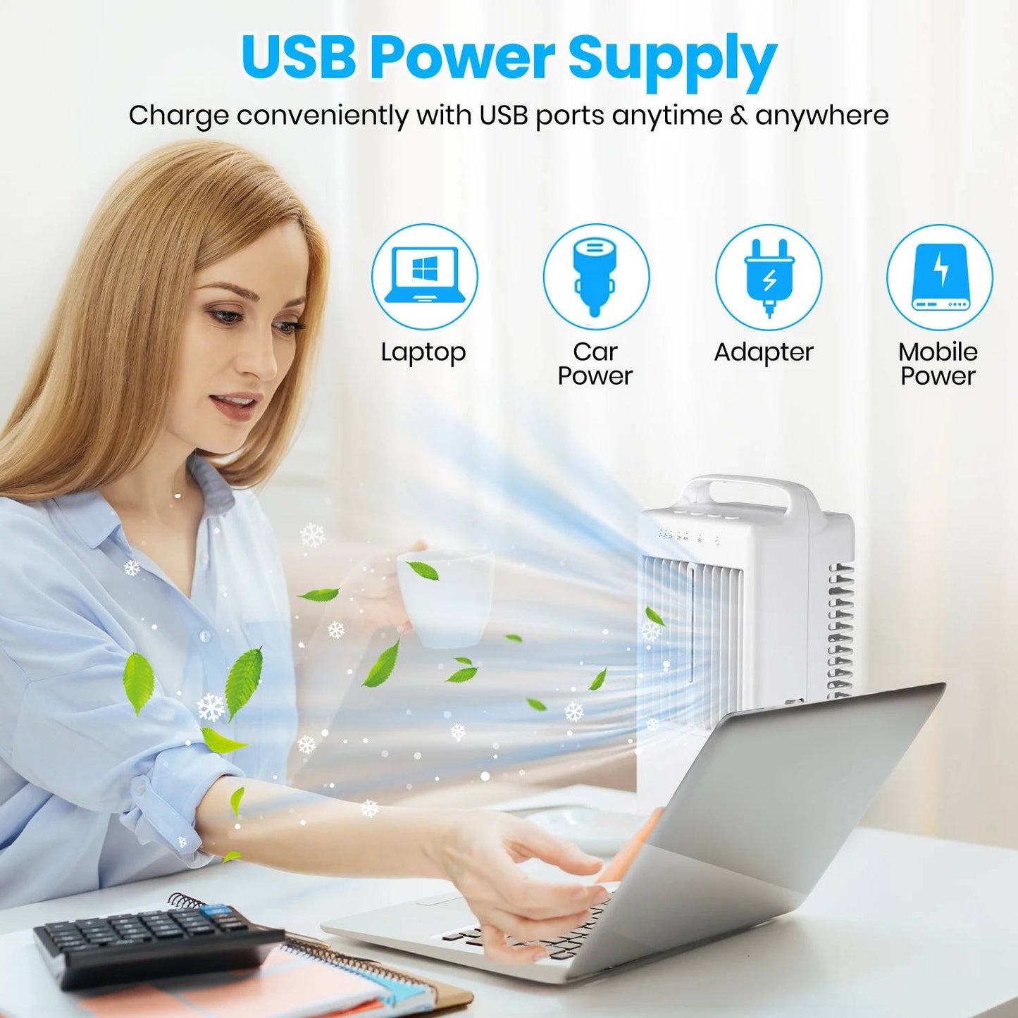 Personal USB Air Cooling Fan, Mini Desktop AC Unit with Colorful Ambient Light, 4 Wind Speeds & Intelligent Timer