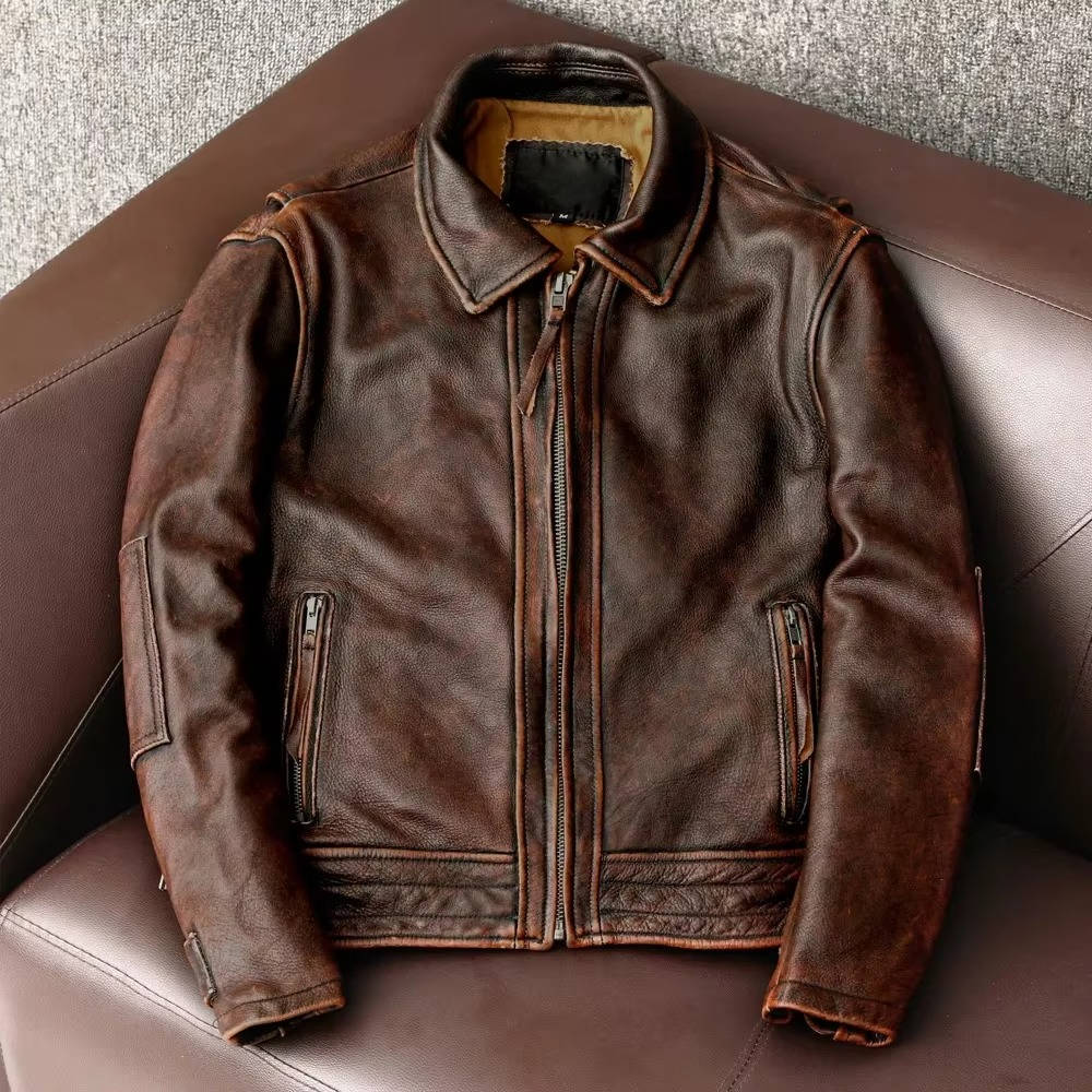 Mens Slim Fit Cowhide Biker Jacket with Weathered Brown Finish and Reinforced Stitching