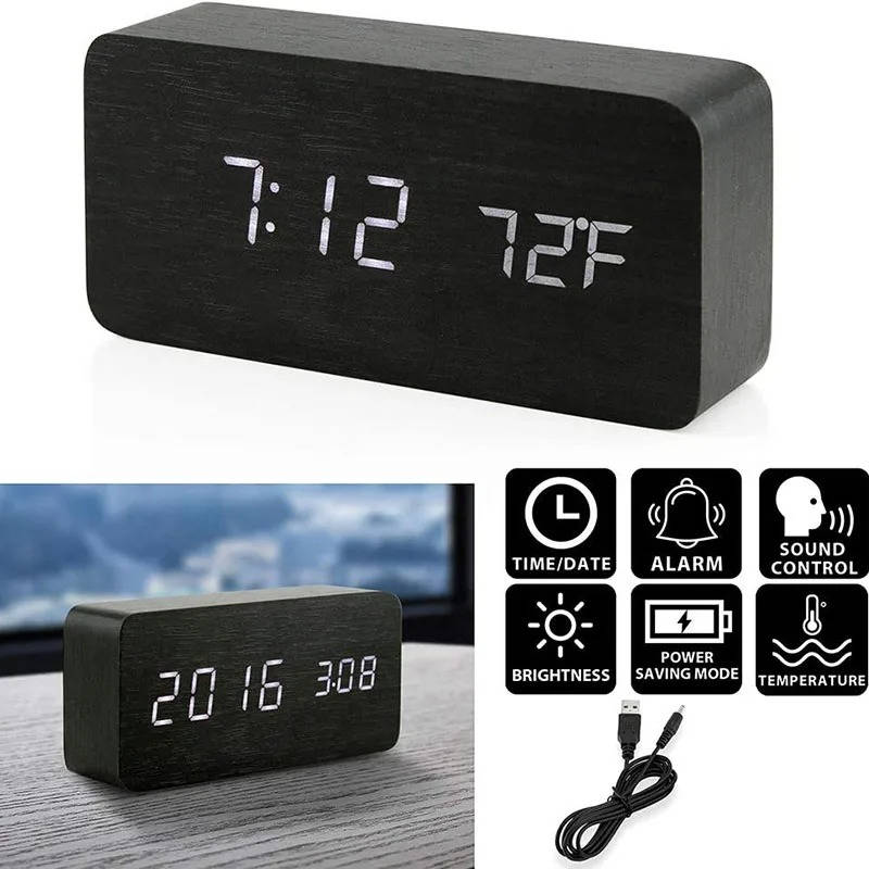 Wooden Digital Alarm Clock With Sound Control & Digital Display