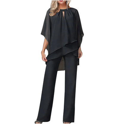 Womens Chiffon Pantsuit with Batwing Sleeves and Relaxed Fit, Machine Washable