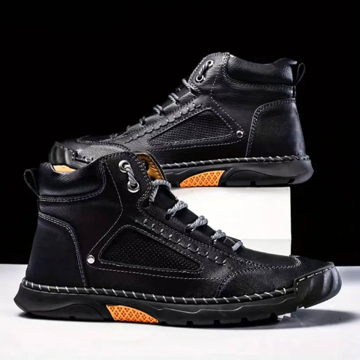 Mens Waterproof Leather Hiking Boots with Arch Support and Wide Toe Box