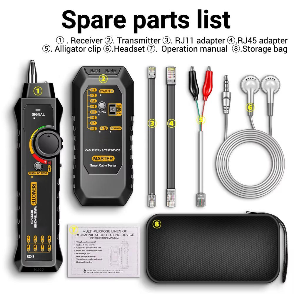 Network Cable Tester with Transmitter Receiver and LED Flashlight