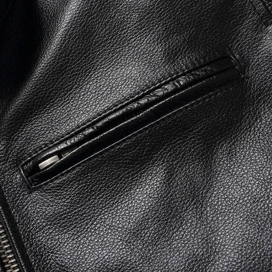 Quilted Leather Motorcycle Jacket with Snap Collar and Zip Pockets for Men