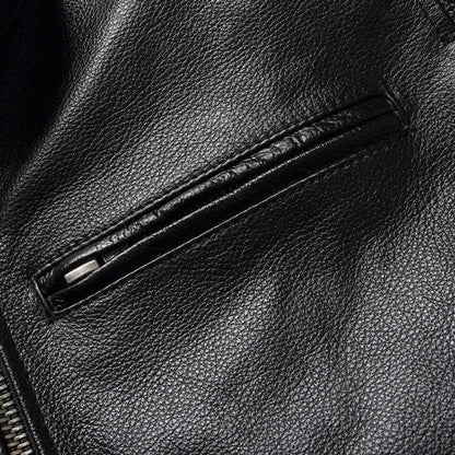 Quilted Leather Motorcycle Jacket with Snap Collar and Zip Pockets for Men