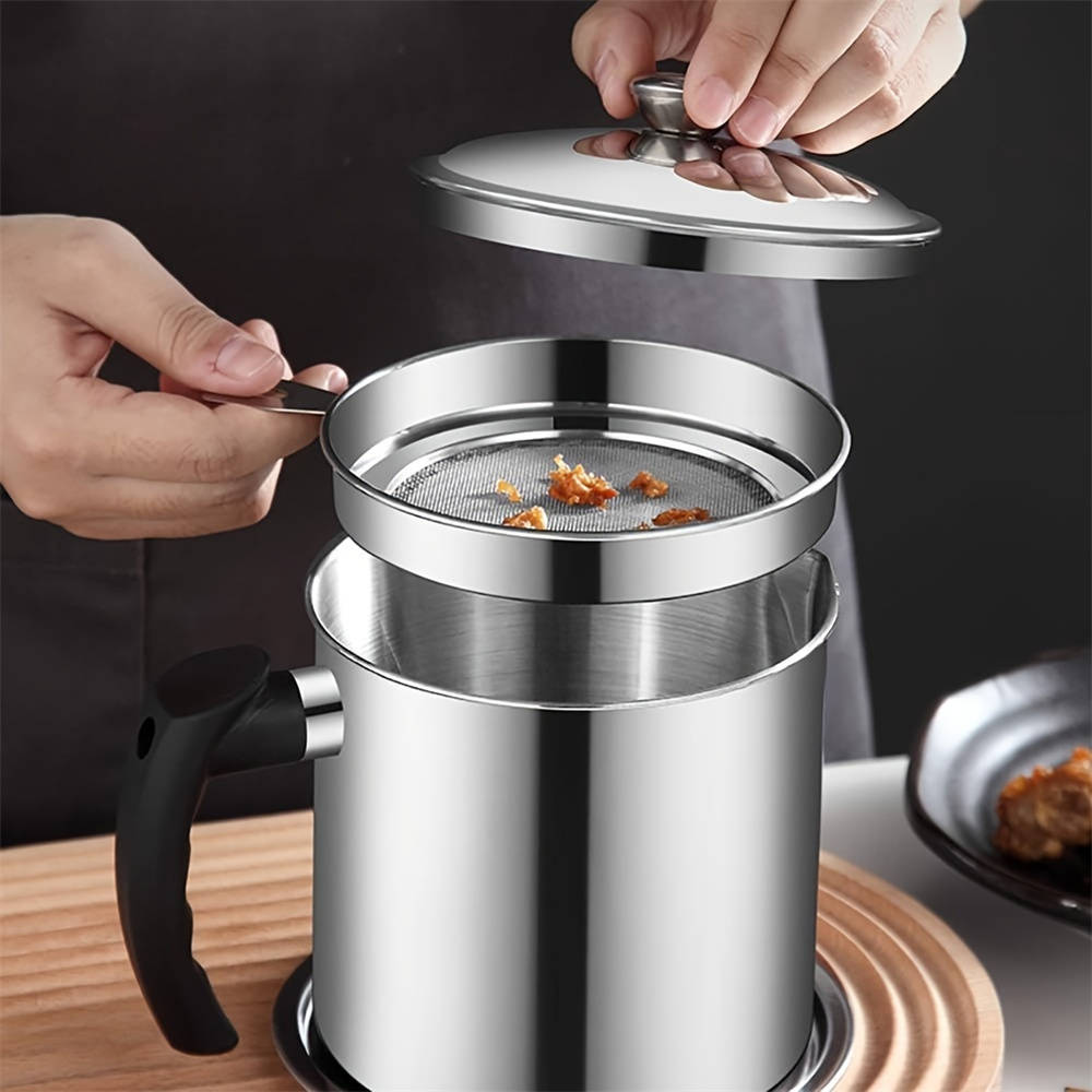 Modern Kitchen Oil Dispenser, Stainless Steel Oil Pot with Filter Tray and Lid, Bacon Grease Container for Cooking Oil Storage