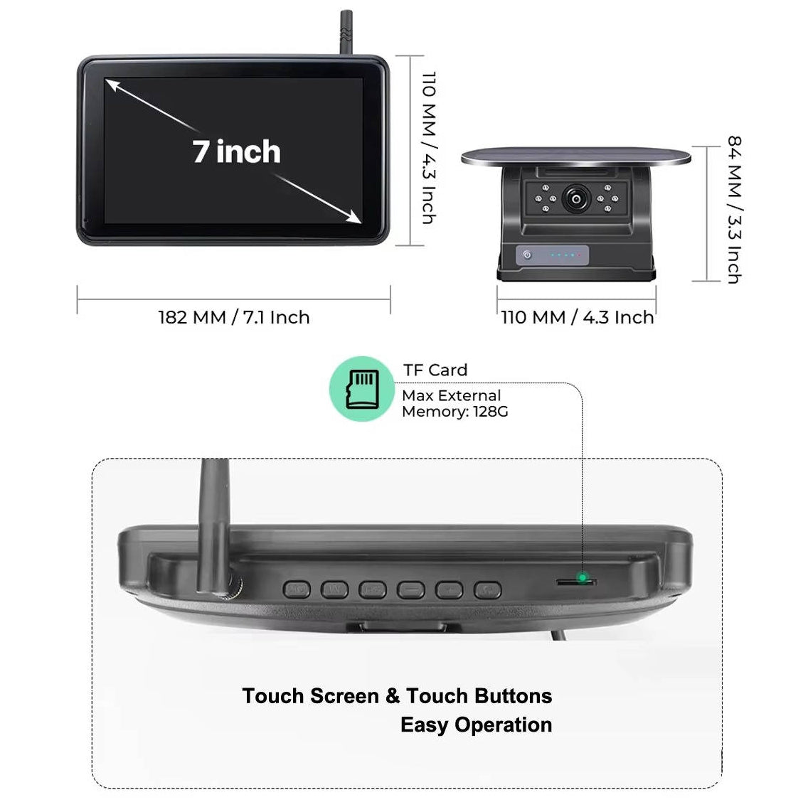 Wireless Solar Backup Camera Kit, HD 1080P 7'' Monitor for RV Truck Trailer Camper