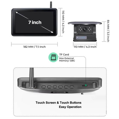 Wireless Solar Backup Camera Kit, HD 1080P 7'' Monitor for RV Truck Trailer Camper