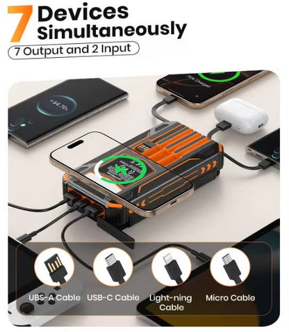 48000mAh Solar Power Bank Wireless Charger, 15W Fast Charging Battery Pack with 4 Built in Cables 7 Outputs USB C Flashlight