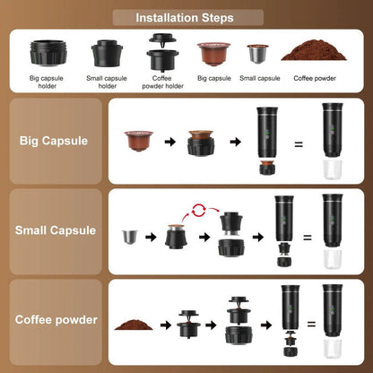 Portable Mini Coffee Machine for Car, Home, Camping, Espresso,Nespresso, Ground Coffee