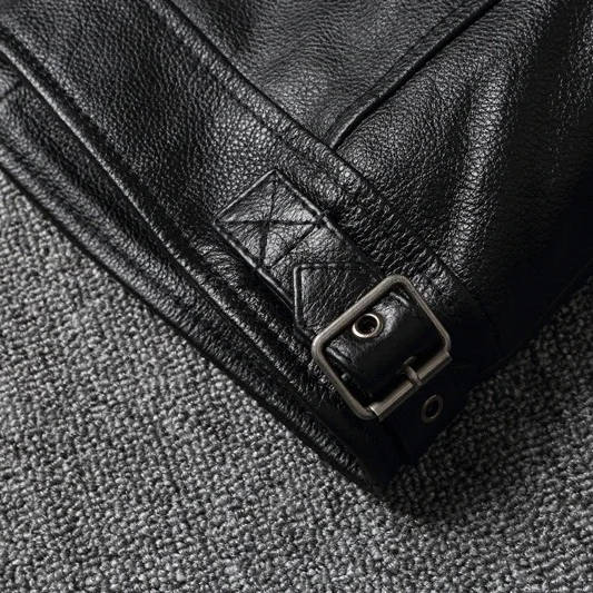 Quilted Leather Motorcycle Jacket with Snap Collar and Zip Pockets for Men