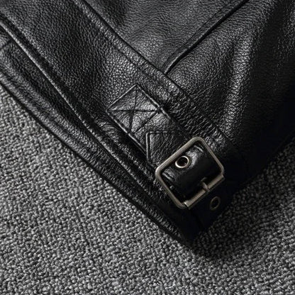Quilted Leather Motorcycle Jacket with Snap Collar and Zip Pockets for Men