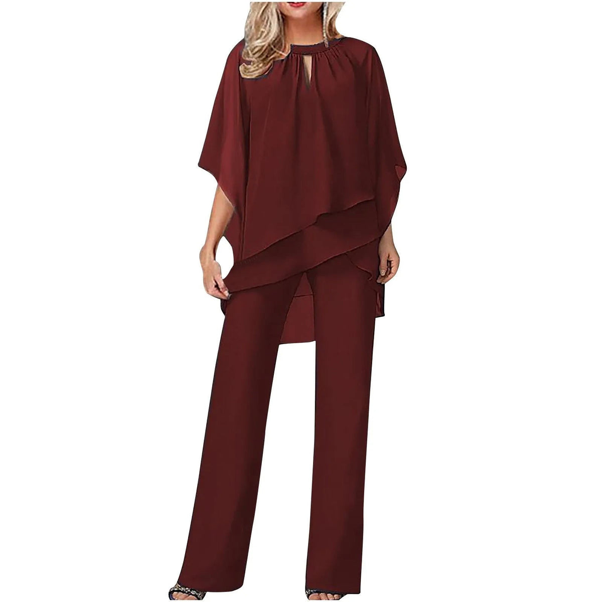 Womens Chiffon Pantsuit with Batwing Sleeves and Relaxed Fit, Machine Washable