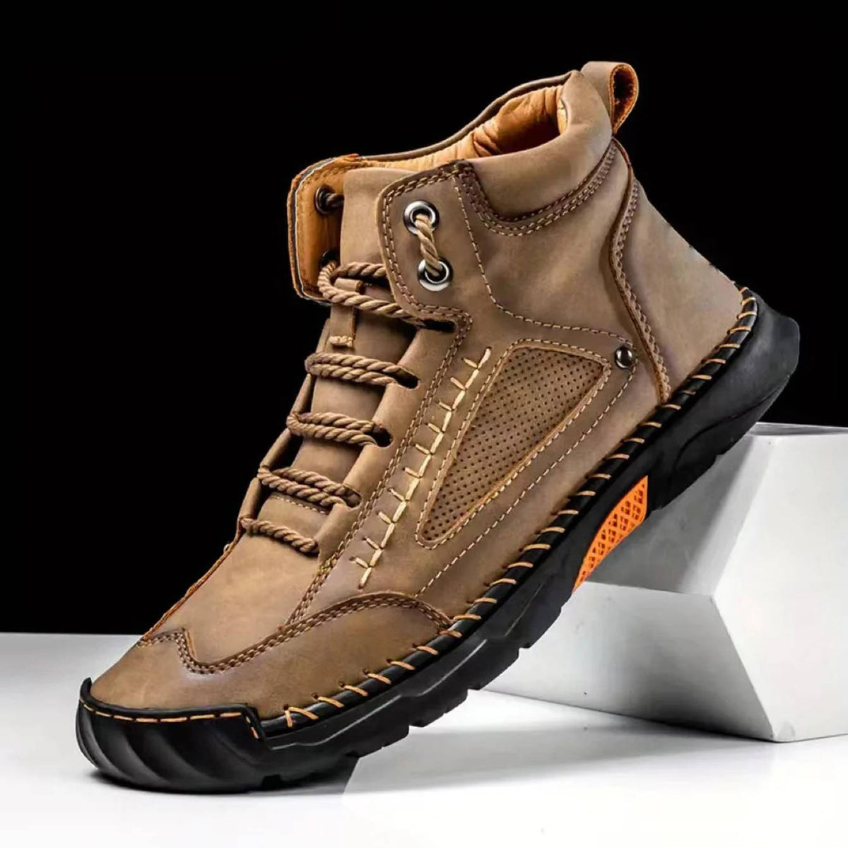 Mens Waterproof Leather Hiking Boots with Arch Support and Wide Toe Box