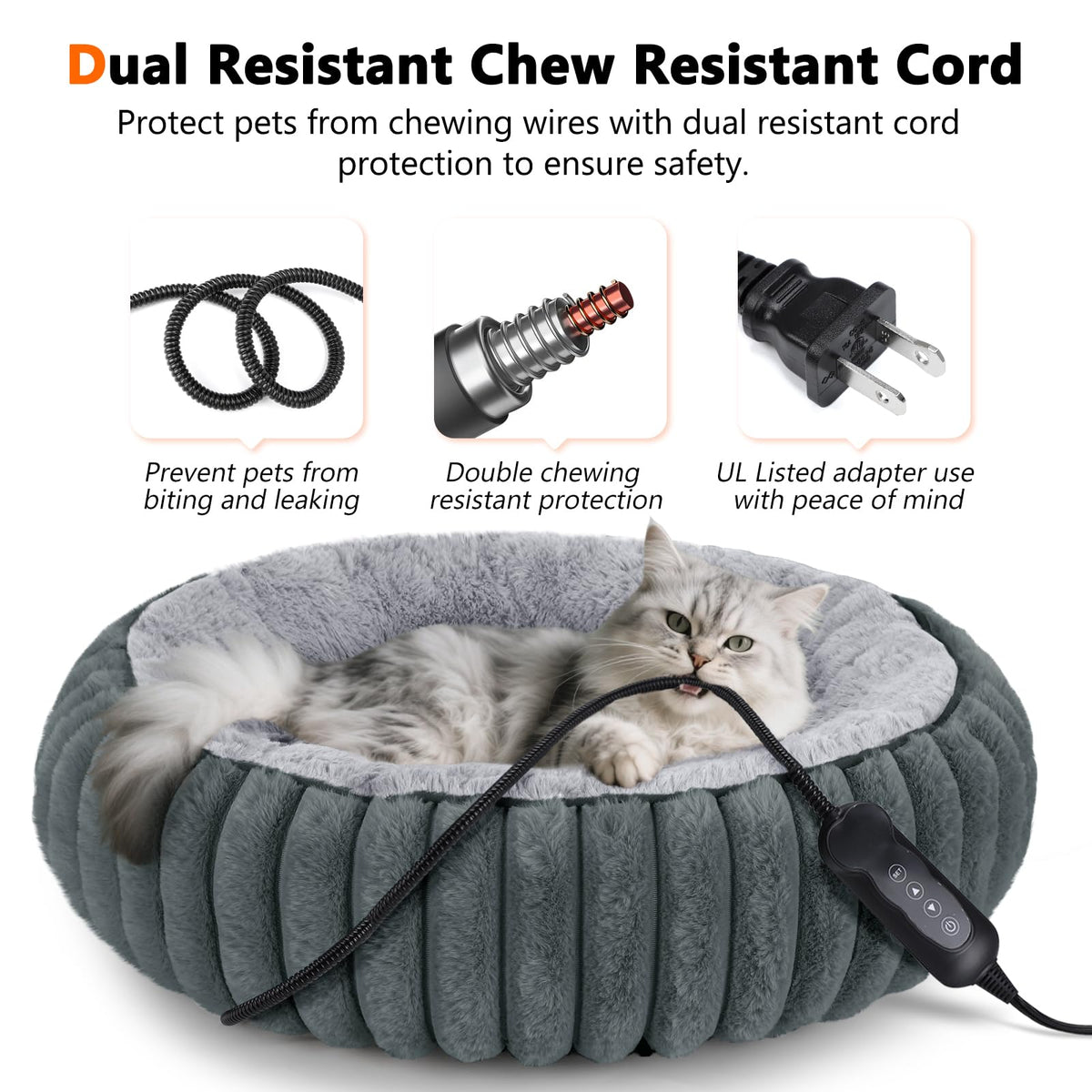 Heated Cat Bed for Indoor Cats & Small Dogs, 20 Inch Cozy Donut Pet Bed with Timer, Adjustable Temperature & Waterproof Cover